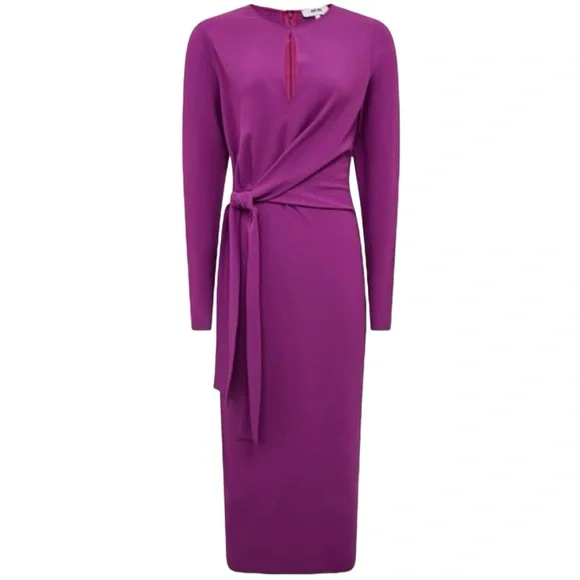 Reiss Valentina Tie Waist Bodycon Midi Dress Sz 4 Magenta